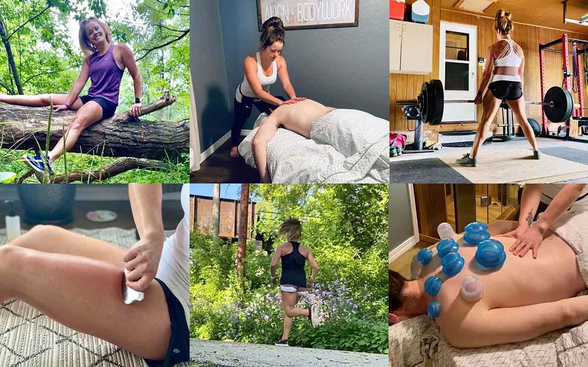 About me images of Sara including her running, 
                            weightlifting, performing Gua Sha, and cupping